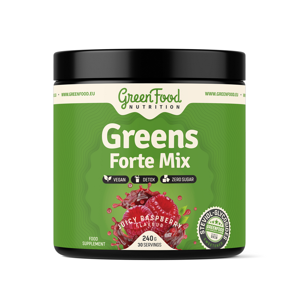 GreenFood Nutrition Greens Forte Mix prášok na detoxikáciu organizmu a podporu imunity príchuť Juicy Raspberry 240 g