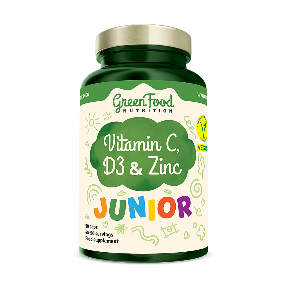GreenFood Nutrition Junior Vitamin C, D3 & Zinc vitamíny a minerály na podporu imunitného systému pre deti 52 g