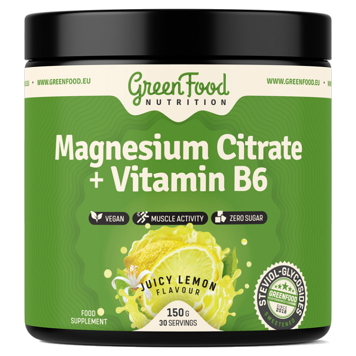 GreenFood Nutrition Magnesium Citrate + Vitamin B6 prášok na podporu normálnej činnosti nervovej sústavy, svalov, zubov a zníženie únavy príchuť Juicy kúpite na Mojalekaren.sk