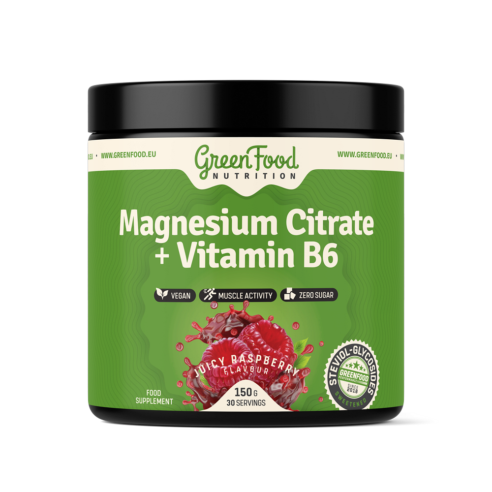 GreenFood Nutrition Magnesium Citrate + Vitamin B6 prášok na podporu normálnej činnosti nervovej sústavy, svalov, zubov a zníženie únavy príchuť Juicy