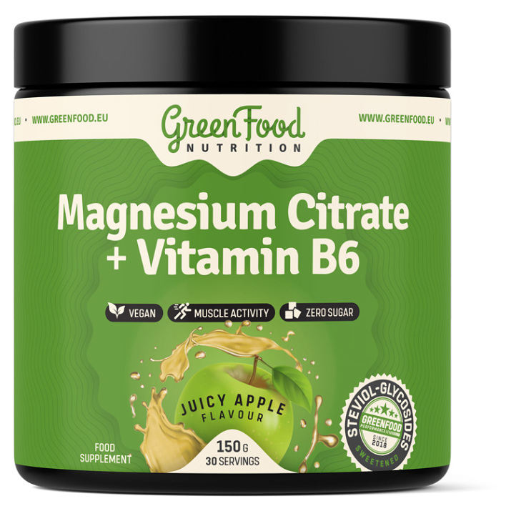 GreenFood Nutrition Magnesium Citrate + Vitamin B6 prášok na podporu normálnej činnosti nervovej sústavy, svalov, zubov a zníženie únavy príchuť Juicy