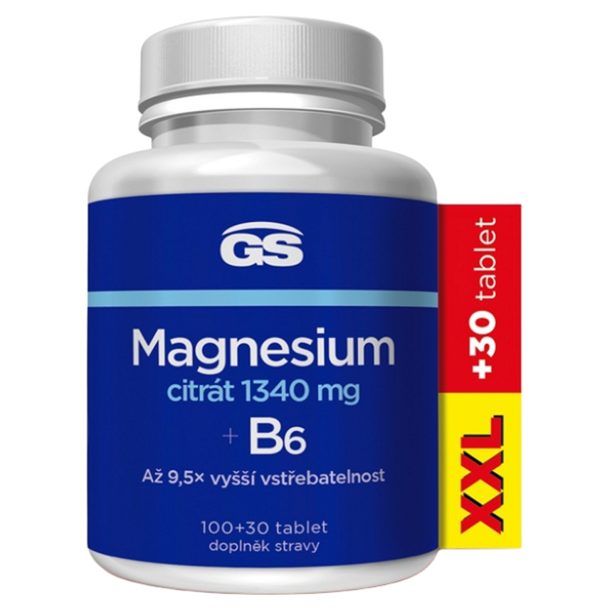 GS Magnesium Citrát + B6 tablety na podporu zníženia únavy a vyčerpania, pre normálny stav zubov, kostí a svalov 130 tbl