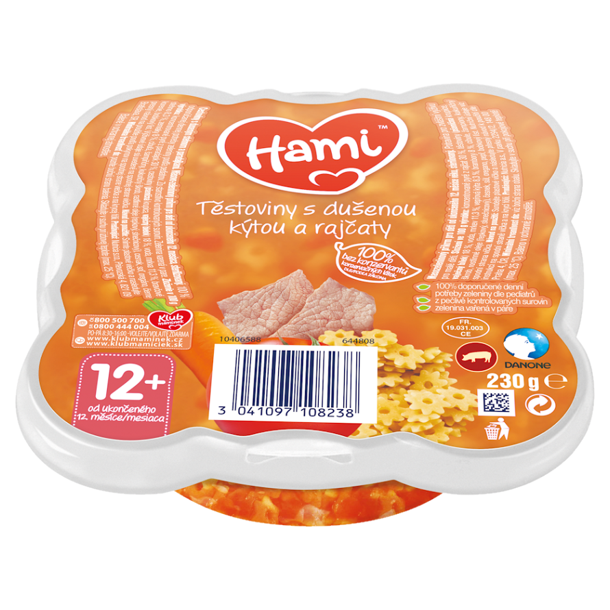 Hami príkrm Malý Gurmán cestoviny s dusenou stehnom a paradajkami 230g