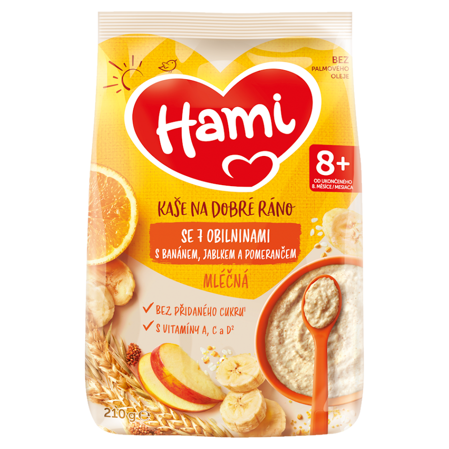 Hami Kaša na Dobré Ráno so 7 Obilninami s Banánom, Jablkom a Pomarančom mliečna kaša 210 g