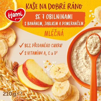 HAMI Mliečna kaša so 7 obilninami s banánom, jablkom a pomarančom na Dobré ráno 8m+ 210 g
