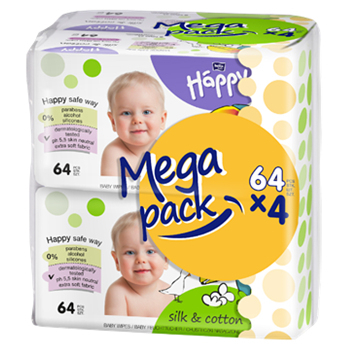 HAPPY Mega Pack Čistiace vlhčené obrúsky Hodváb & Bavlna 4x64 ks 256 ks