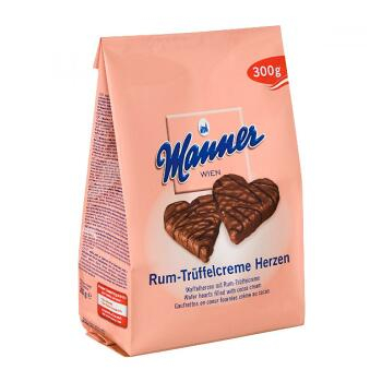 Manner Herzen 300 g oblátkové srdce kakao + rum v čokoláde