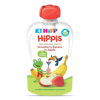 HIPP 100% ovocie jablko banán jahoda BIO 100 g (Desiatové kapsičky) - BIO, Ekologické