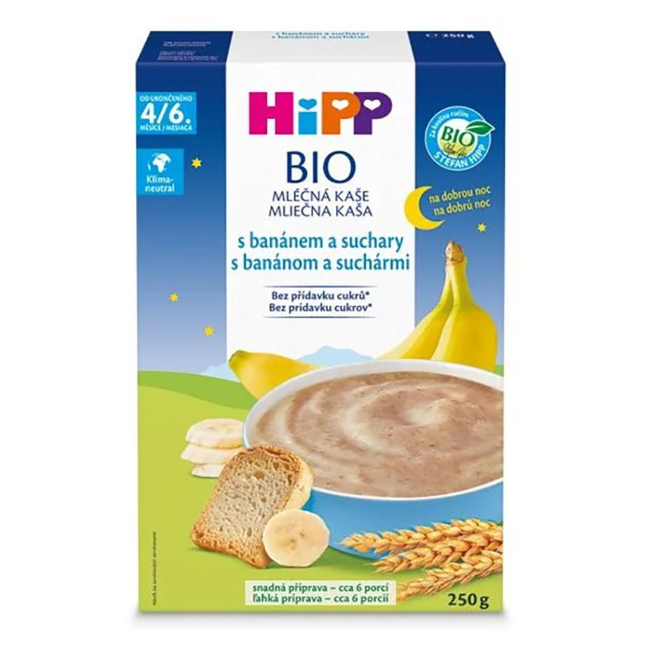 Hipp BIO mliečna kaša na dobrú noc s banánom a suchármi mliečna kaša 250 g kúpite na Mojalekaren.sk