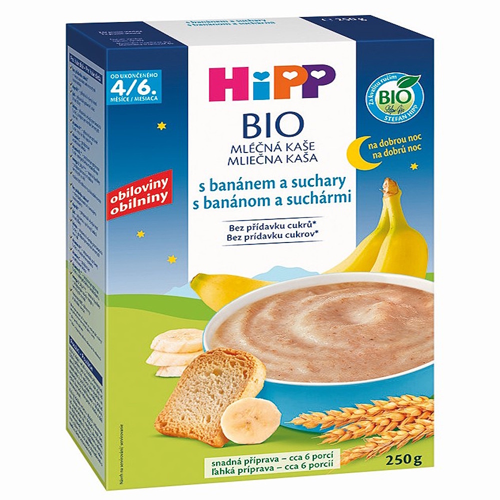 HIPP Mliečna kaša na dobrú noc s banánom a suchármi BIO 250 g kúpite na Mojalekaren.sk