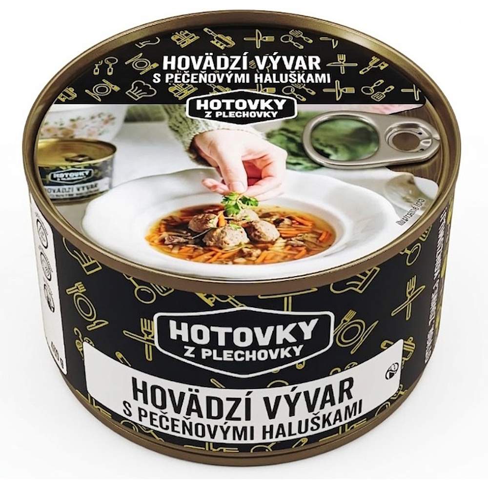 E-shop HOTOVKY Z PLECHOVKY Hovädzí vývar s pečeňovými haluškami 4 porcie