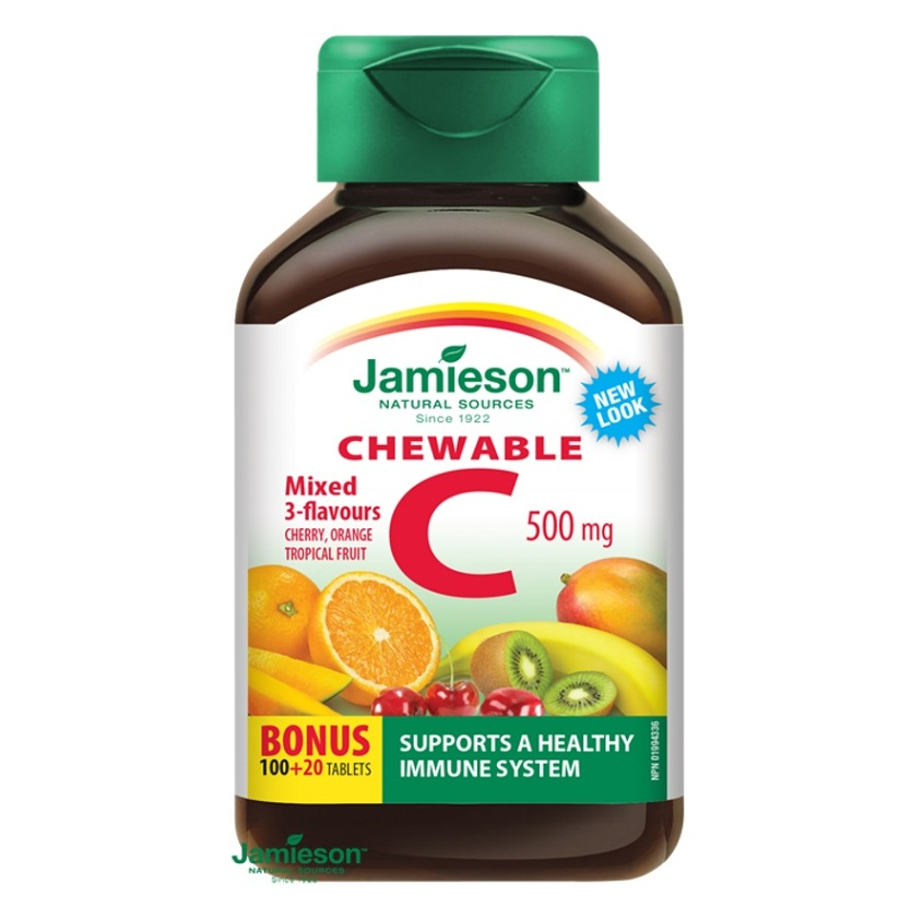 Jamieson C 500 mg tablety na cmúľanie na podporu imunitného systému príchuť Orange, Tropical fruit, Cherry 120 tbl kúpite na Mojalekaren.sk