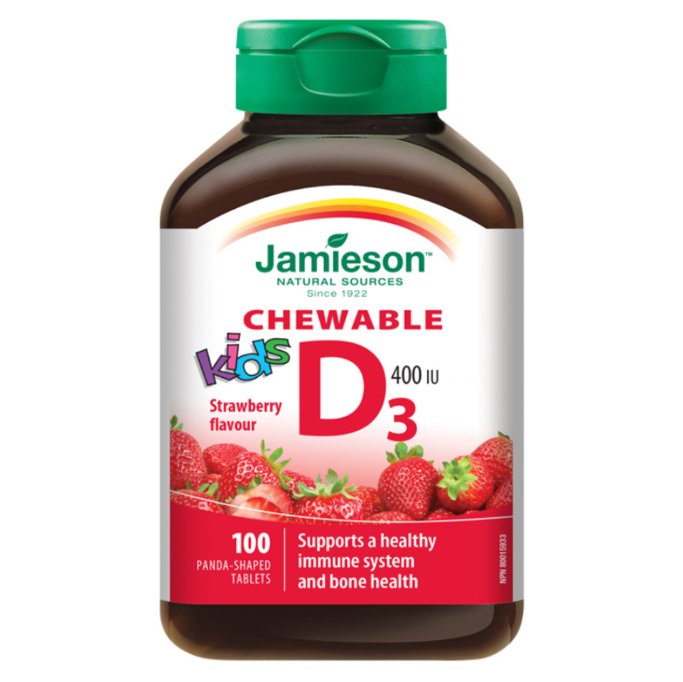 Jamieson Vitamin D3 400 IU Chewable Kids tablety na cmúľanie pre normálnu funkciu imunitného systému, stavu kostí a činnosť svalov príchuť Strawberry kúpite na Mojalekaren.sk