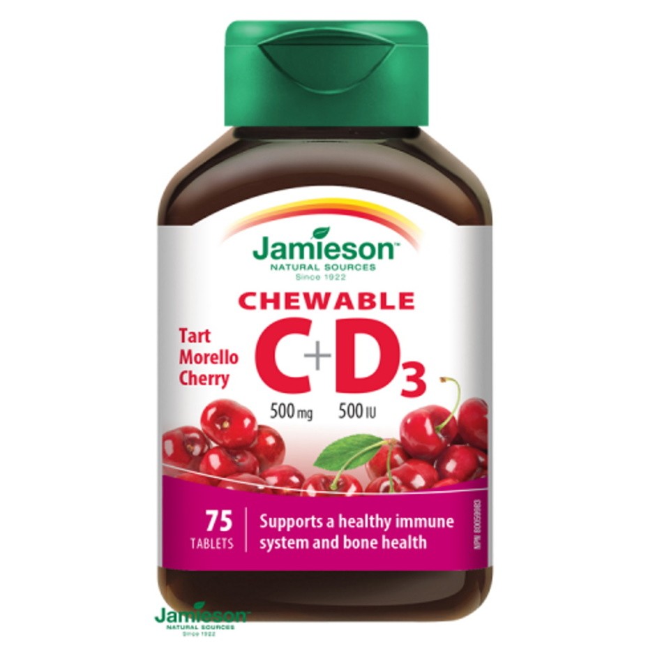 JAMIESON Vitamíny C a D3 500 mg/ 500 IU čerešňa 75 tabliet na cmúľanie kúpite na Mojalekaren.sk