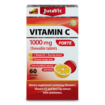 JUTAVIT Vitamín C 1000mg Forte, vitamín D3 2000IU, extrakt zo šípok 25 mg pomarančová príchuť 60 žuvacích tabliet