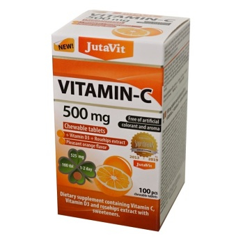 JUTAVIT Vitamín C 500 mg s vitamínom D3 2000IU a extraktom zo šípok 25 mg s príchuťou pomaranča so sladidlami 100 žuvacích tabliet
