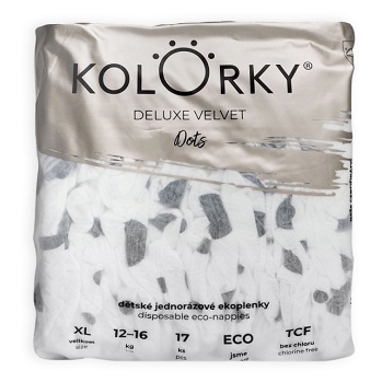 KOLORKY DELUXE VELVET jednorazové EKO plienky so zamatovým povrchom bodky XL (12-16 kg) 17 kusov