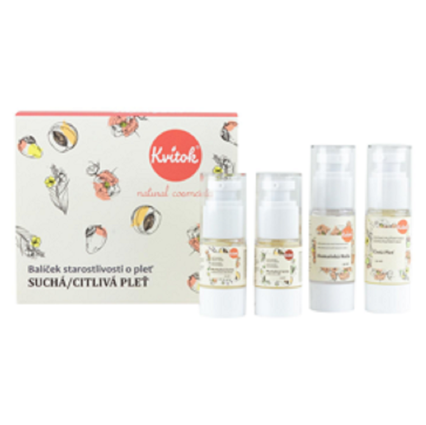 KVITOK Starostlivosť O citlivú pleť Čistiaci olej 30 ml + Kvetinová voda 30 ml + Denný krém 15 ml + Nočný krém 15 ml Darčekové balenie