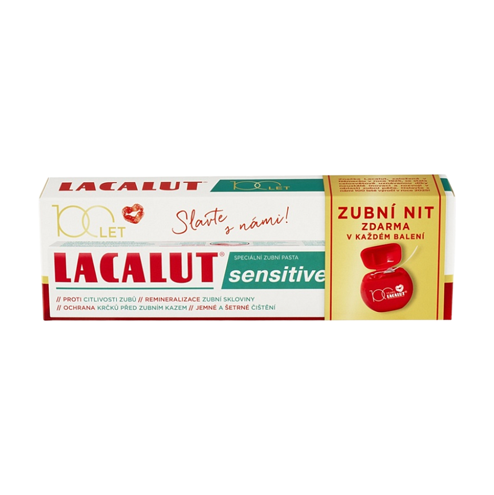 LACALUT Sensitive zubná pasta 75ml + dentálna niť 100 rokov edícia