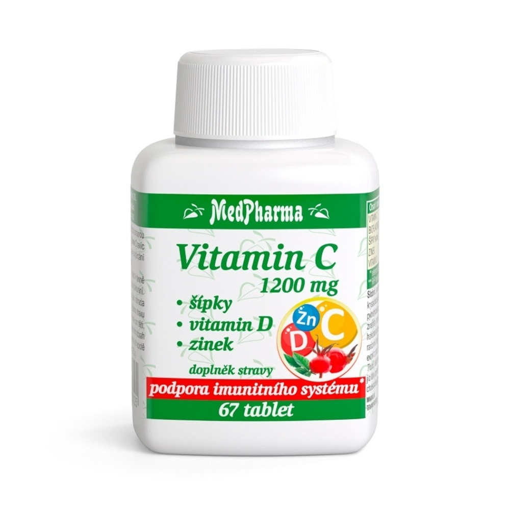 MedPharma Vitamin C 1200mg + šípky, vitamín D, zinok tablety na podporu imunitného systému, pre krásnu pleť, nechty a normálny stav zubov 67 tbl