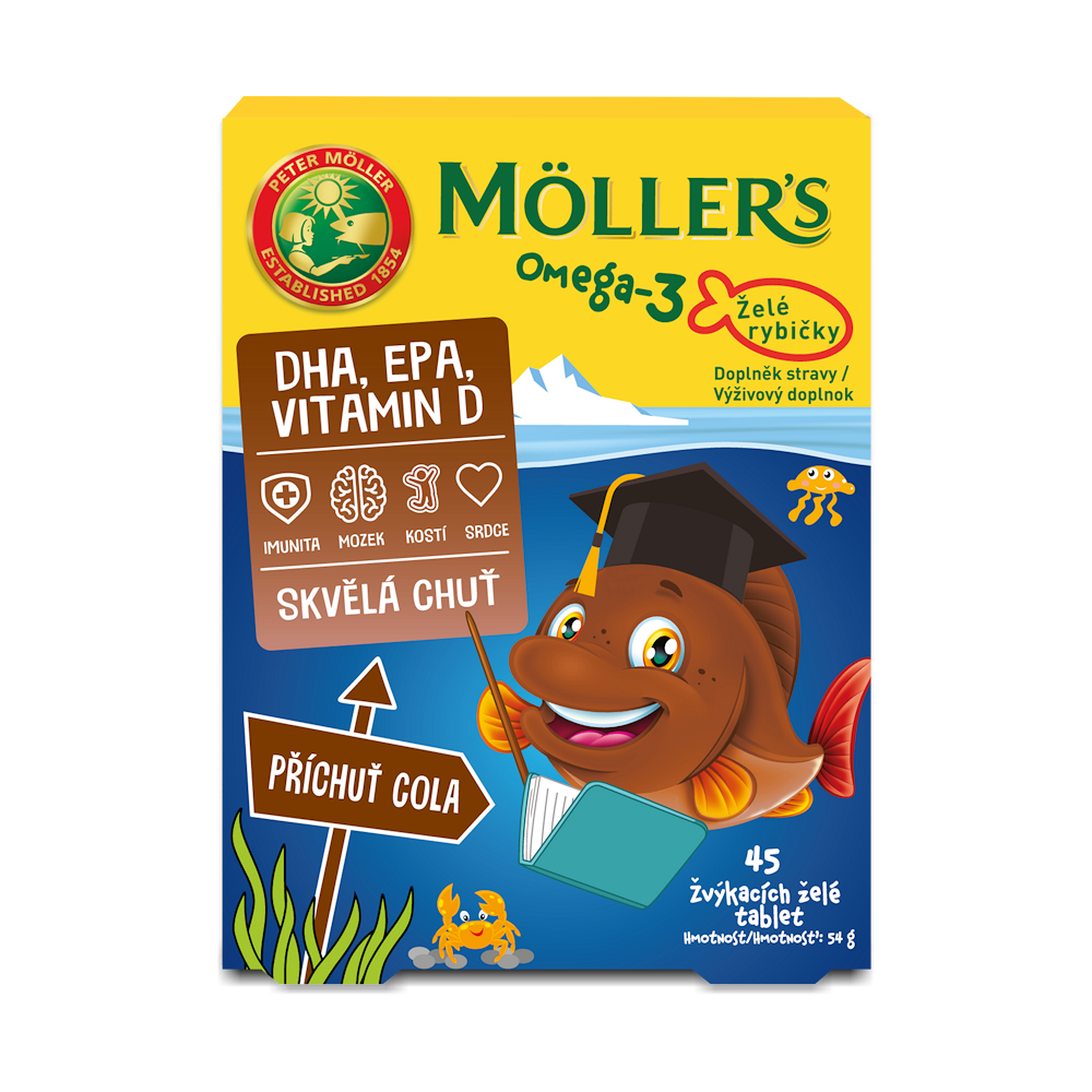 MOLLER´S Omega 3 Želé rybičky 45 žuvacích tabliet príchuť cola