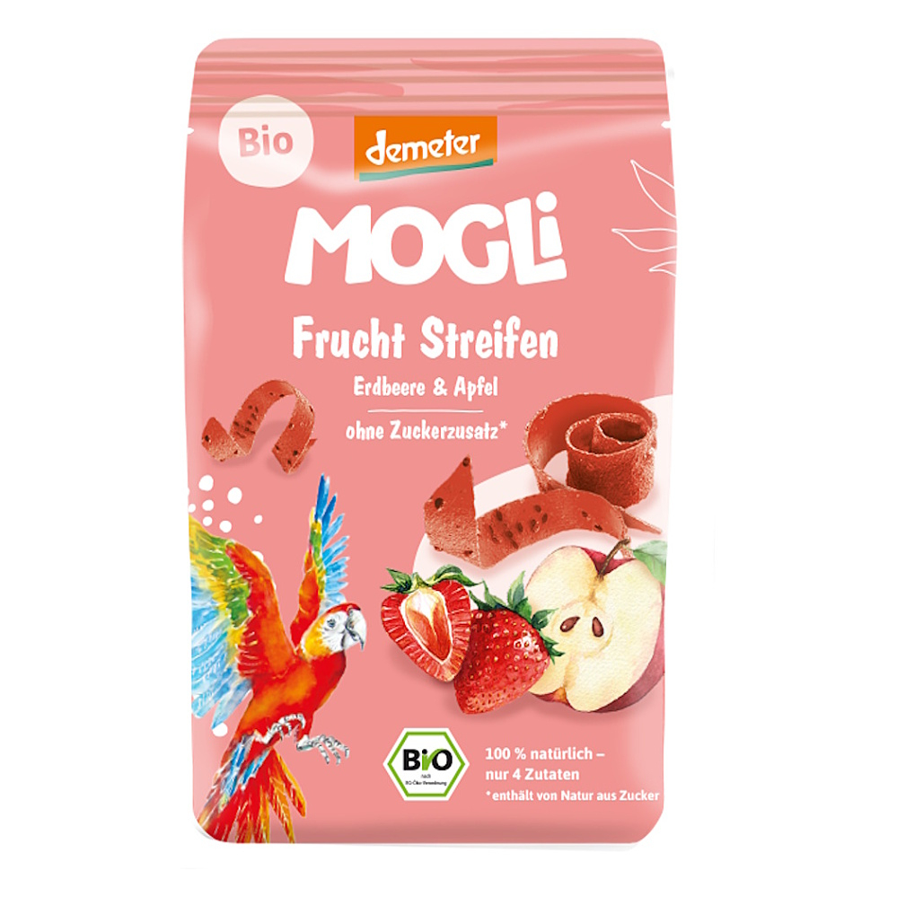 MOGLI Ovocné opasky s chia semienkami a psylliom jahoda a jablko BIO 25 g