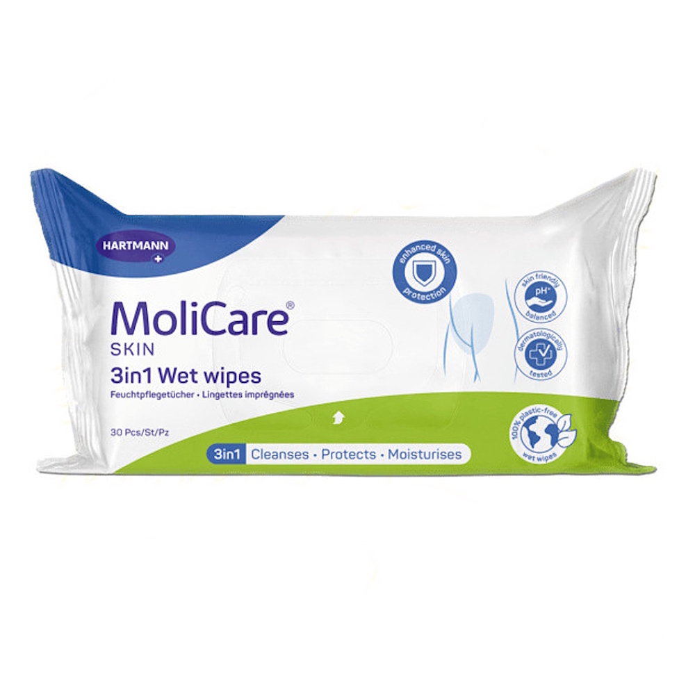 MoliCare SKIN Wet wipes 3v1 vlhčené obrúsky s dimetikónom 30 ks kúpite na Mojalekaren.sk
