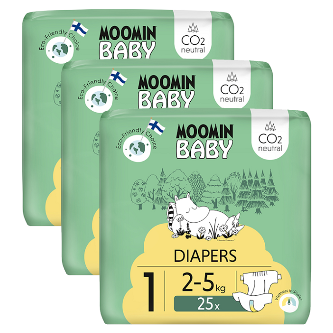 MOOMIN BABY 1 Newborn 2–5 kg, mesačné balenie eko plienok 75 ks