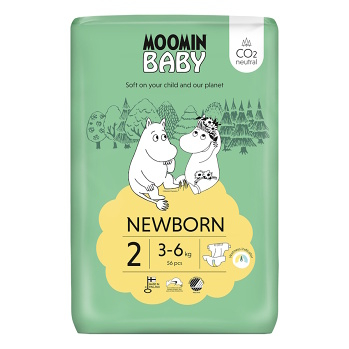 MOOMIN BABY 2 Eko plienky Newborn 3–6 kg 56 ks (Plienky 2 (3 - 6 kg)) - Ekologické - obrázok 1/4