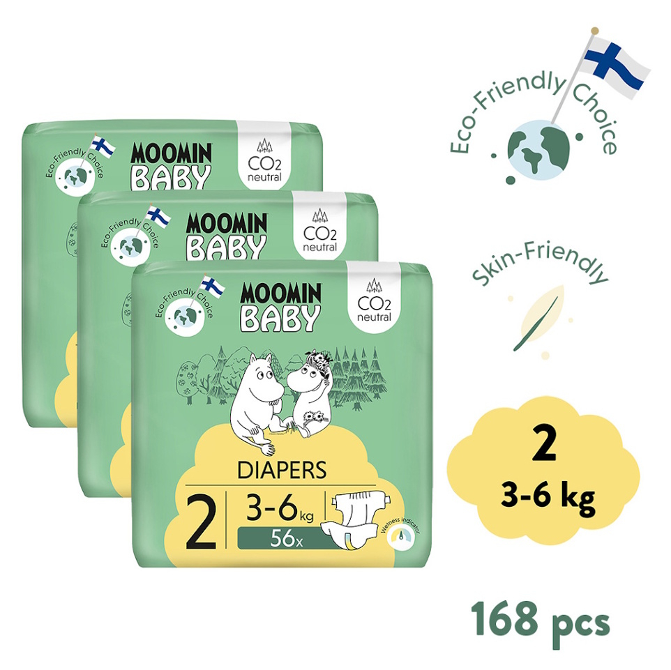 MOOMIN BABY 2 Newborn 3–6 kg, mesačné balenie eko plienok 168 ks