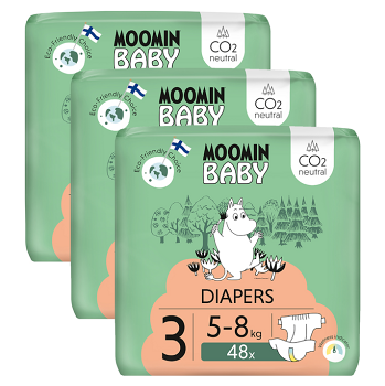 MOOMIN Baby 3 eko plienky mesačné balenie midi 5-8 kg 144 kusov (Plienky 3 (4 - 10 kg)) - Ekologické - obrázok 1/2
