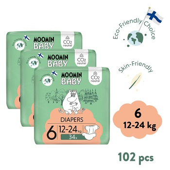 MOOMIN Baby 6 eko plienky mesačné balenie maxi 12–24 kg 102 kusov (Plienky 6 (15 a viac kg)) - Hypoalergénny, Ekologické - obrázok 2/2