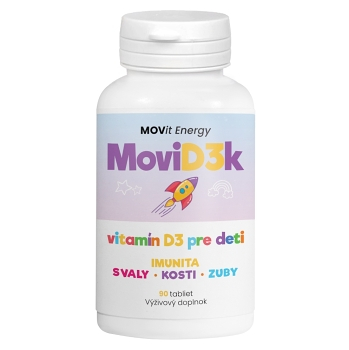 MOVIT ENERGY MoviD3k  Vitamín D3 pre deti 800 I.U. príchuť pomaranč 90 tabliet na cmúľanie, expirácie