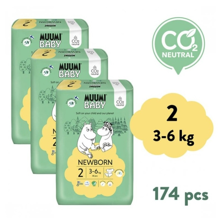 MUUMI BABY 2 Mini 3–6 kg mesačné balenie eko plienok 174 ks kúpite na Mojalekaren.sk