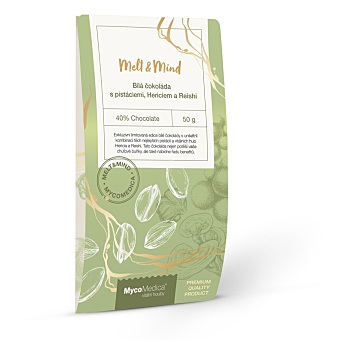 MYCOMEDICA Biela čokoláda s pistáciami heríciom a reishi 50 g (Čokolády) - Biele