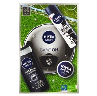 NIVEA Men Game On Deo Original Darčeková súprava - sprej antiperspirant Black & White 150 ml + Sprchový gél Active Clean 250 ml + Nivea krém 30 ml
