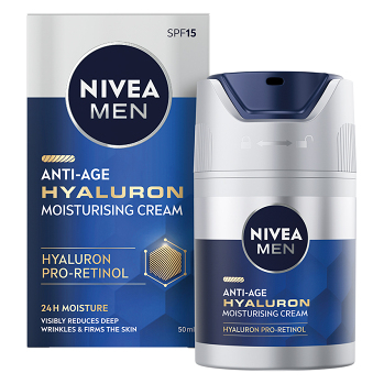 NIVEA Men Hyaluron Hydratačný pleťový krém proti vráskam 50 ml (Denné krémy) - Hydratačný, Regeneračné, Vyživujúce, Spevňujúce