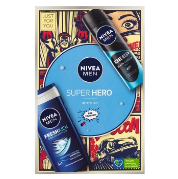 NIVEA Men Super Hero Deo Beat Darčeková súprava - Men Sprej antiperspirant Deep Beat 150 ml + Men Sprchový gél Fresh Kick 250 ml