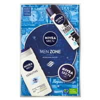 NIVEA Men Zone Deo Fresh Darčeková súprava - Sprchový gél Sensitive 250 ml + Sprej antiperspirant Black & White 150 ml + Creme 30 ml