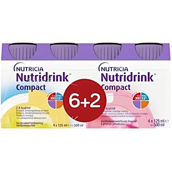 NUTRIDRINK Compact 6+2 dve príchute vanilka a jahoda 8 x 125 ml (Výživa v chorobe a pre seniorov)