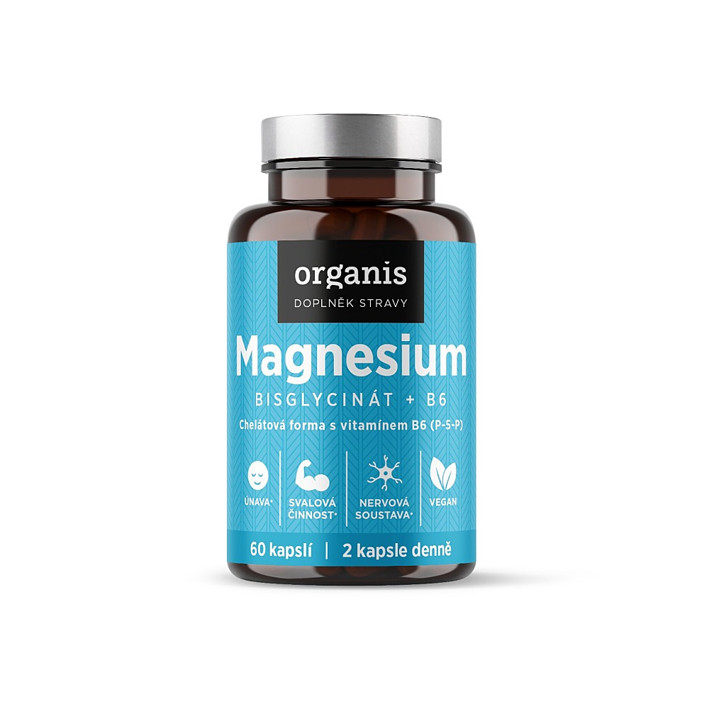 Organis Magnesium Bisglycinate + B6 kapsuly na podporu normálnej činnosti nervovej sústavy, svalov, zubov a zníženie únavy 60 cps