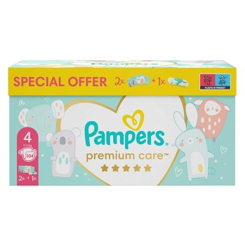 PAMPERS BOX Premium Care plienky 2 x S4 9-14 kg 104 ks + vlhčené obrúsky Pampers Aqua Pure