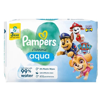 PAMPERS Harmónia aqua obrúsky paw patrol 3 x 48 kusov (Detské vlhčené obrúsky)