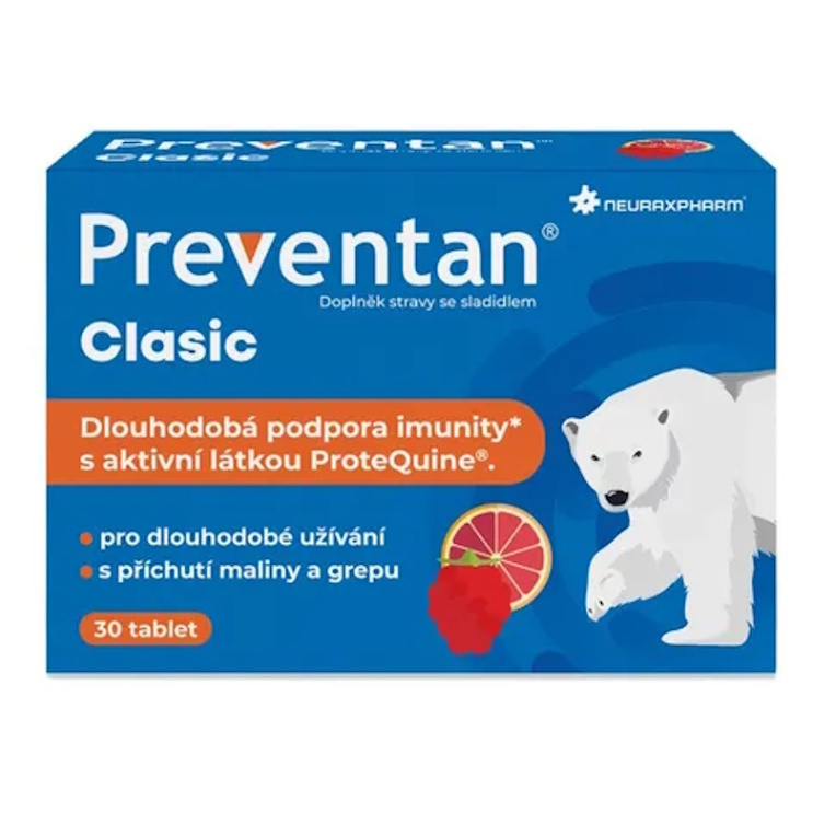 Preventan Clasic tablety na cmúľanie na podporu imunitného systému príchuť Raspberry and grapefruit 30 tbl kúpite na Mojalekaren.sk