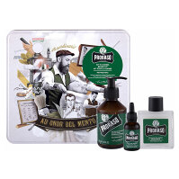PRORASO Eucalyptus Beard Wash šampón na fúzy 200 ml + balzam na fúzy 100 ml + olej na fúzy 30 ml + plechová dóza