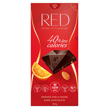 RED Horká čokoláda s pomarančovou príchuťou a mandľami bez pridaného cukru 100 g