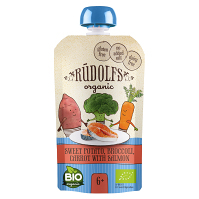 RUDOLFS Bio vrecko, Batáty, brokolica, mrkva s lososom 6m+ 110 g