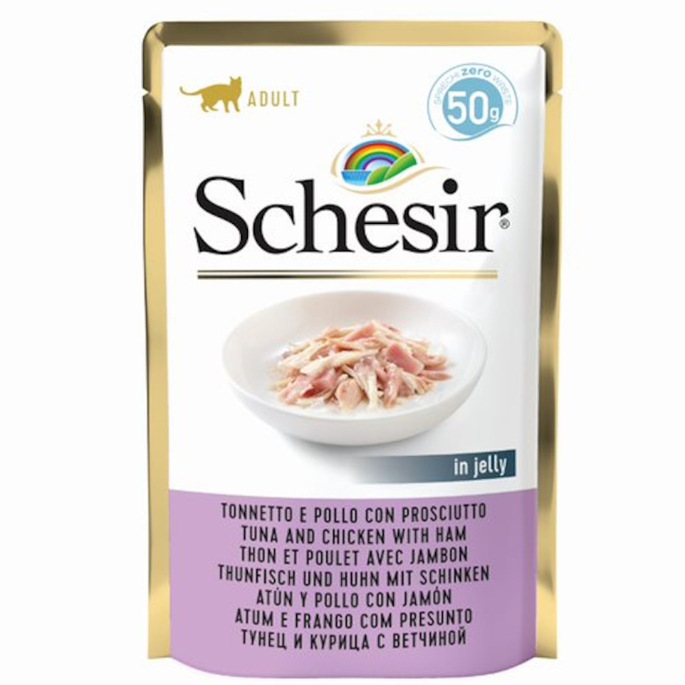 E-shop SCHESIR Kapsička pre mačky tuniak s kuraťom a šunkou 50 g