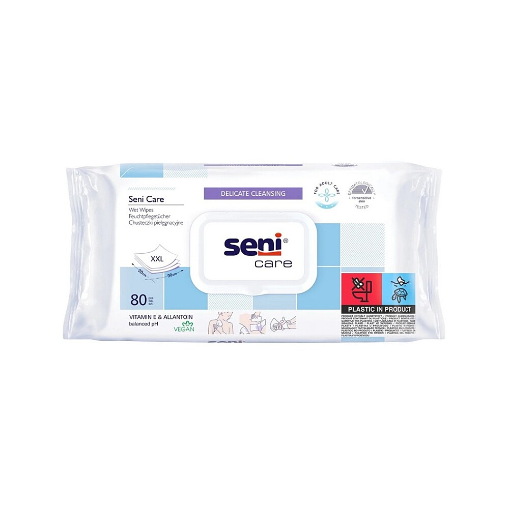 SENI CARE vlhčené obrúsky vitamínom E & alantoín XXL 80 kusov
