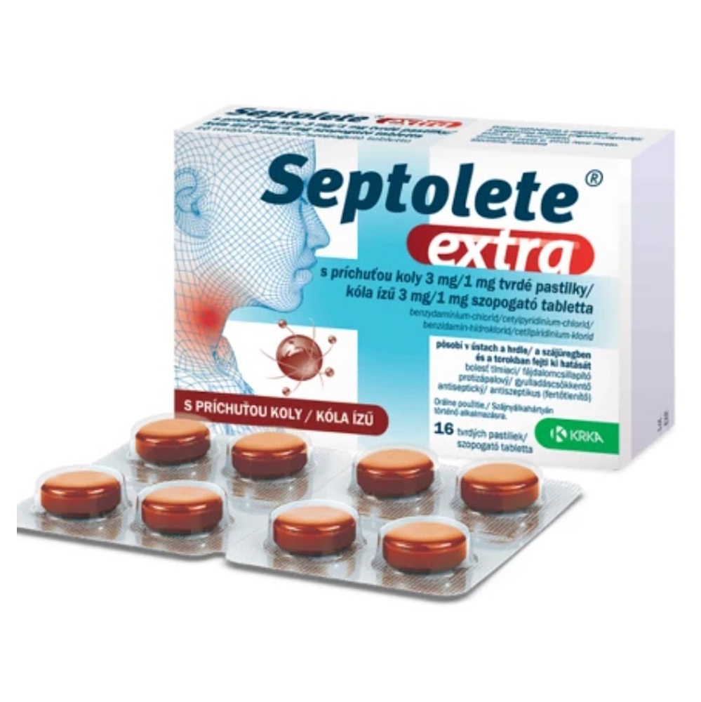 Septolete extra s príchuťou koly 3 mg/1 mg tvrdé pastilky pas ord 16x3 mg/1 mg kúpite na Mojalekaren.sk